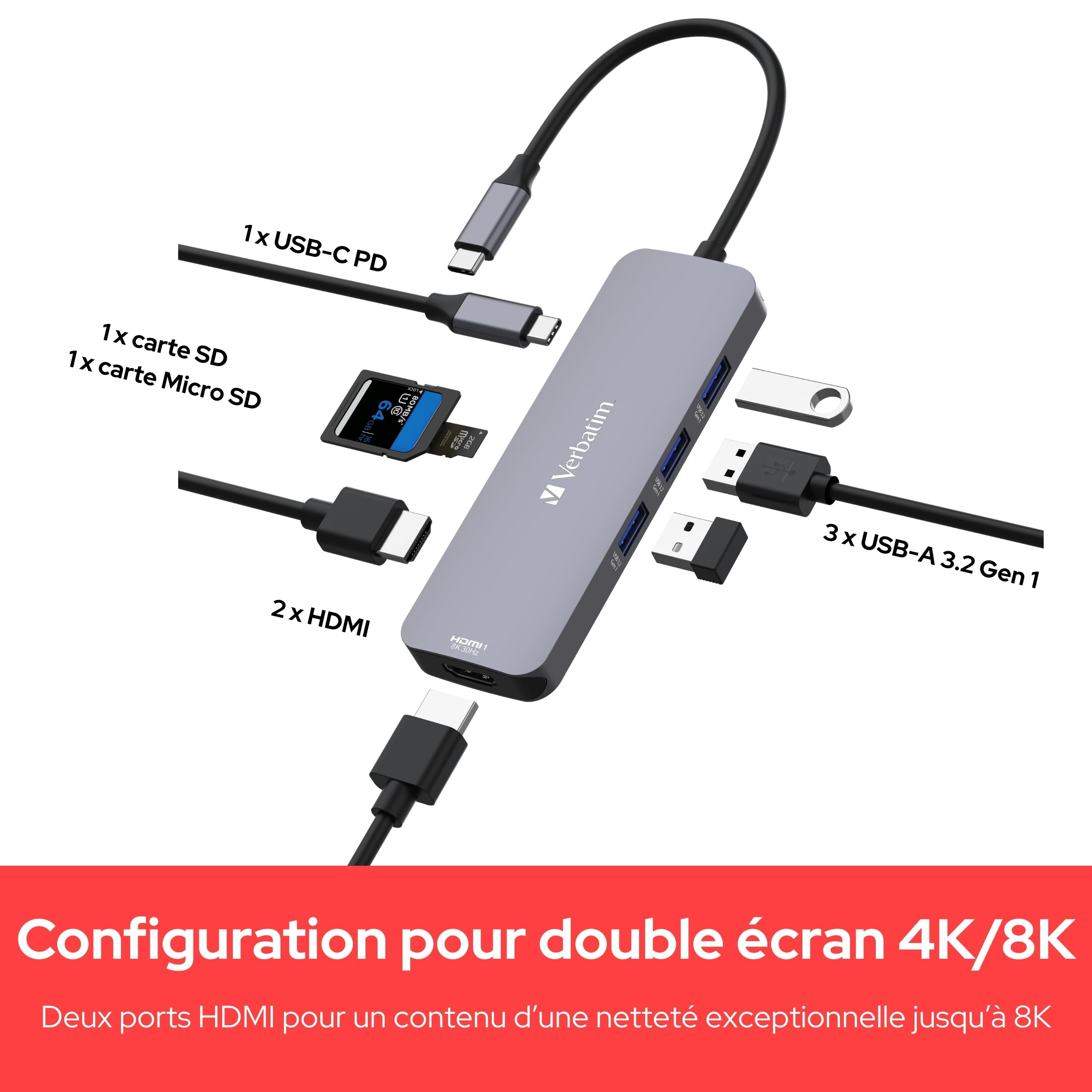 Verbatim Hub 8-en-1 USB-C, Adaptateur multiports USB-C vers HDMI, USB-A et USB-C PD, Lecteur de Cartes SD et microSD Compatible avec Mac, MacBook Pro/Air, iPad Pro, ThinkPad, PC sous Windows