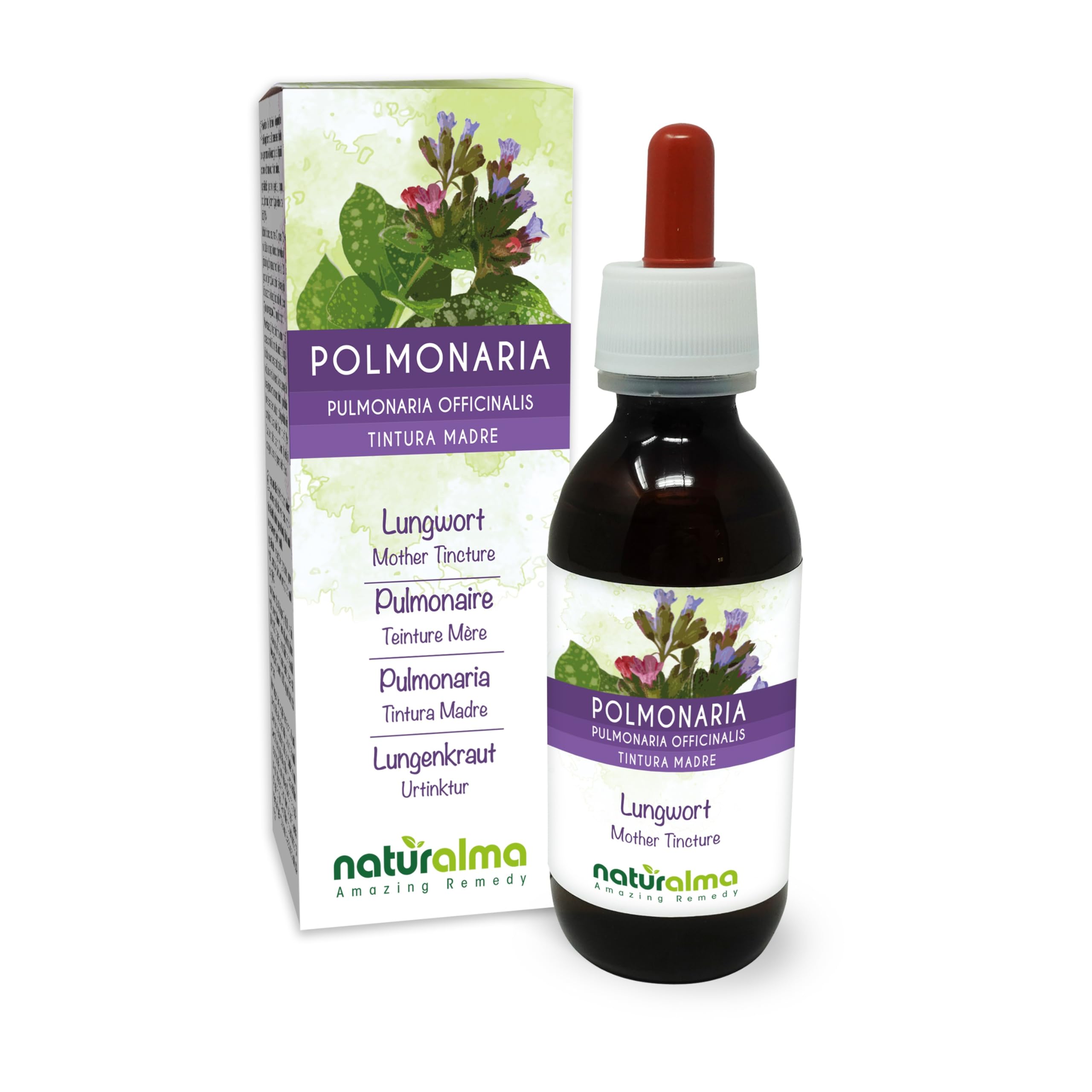 Lungwort (Pulmonaria officinalis) herb with Flowers Alcohol-Free Mother Tincture Naturalma - Liquid Extract Drops 120 ml - Food Supplement - Vegan