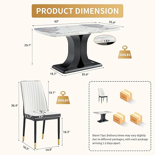 Miniatura 3 de Juego de mesa de comedor moderno para 6, juego de mesa de cocina y sillas de mármol para 6, mesa de cocina rectangular con 6 sillas tapizadas en