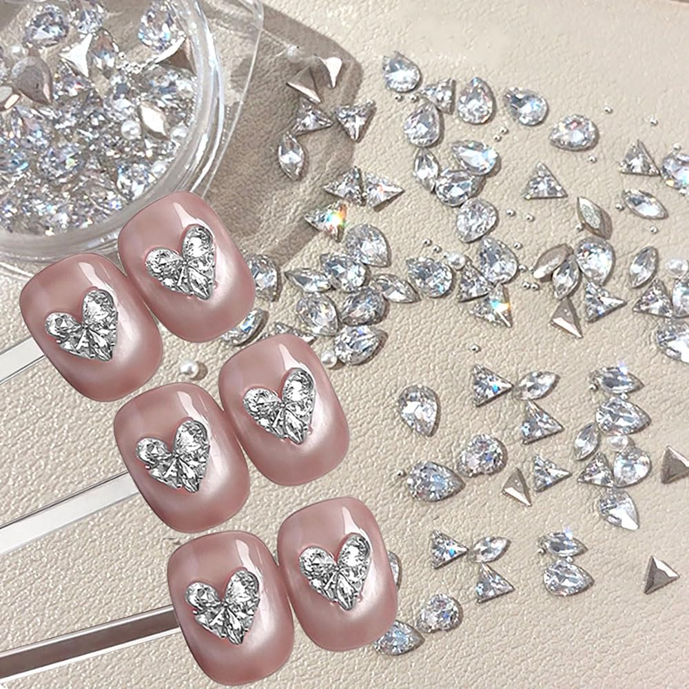 Multiple Shape White Nail Rhinestones for Nails Supplies Mini Steel Beads Pearls Zircon Nail Gems and Charms for Nails Design Assemble Spliced Heart