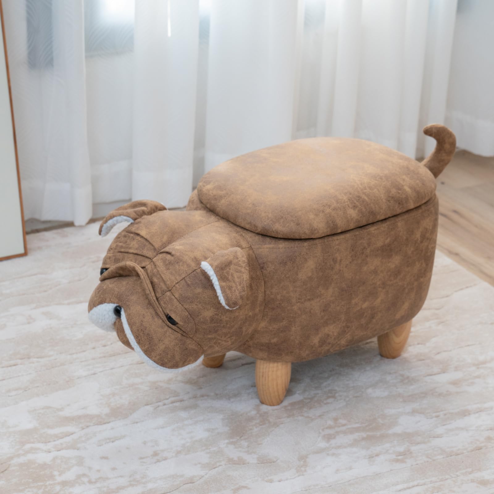 SVITA Tierhocker mit Stauraum Kinderhocker Ordnungshelfer Sitzhocker Polster mit Holzbeinen Kinderzimmer Deko Sitzbox Tier-Motiv Mops Hellbraun