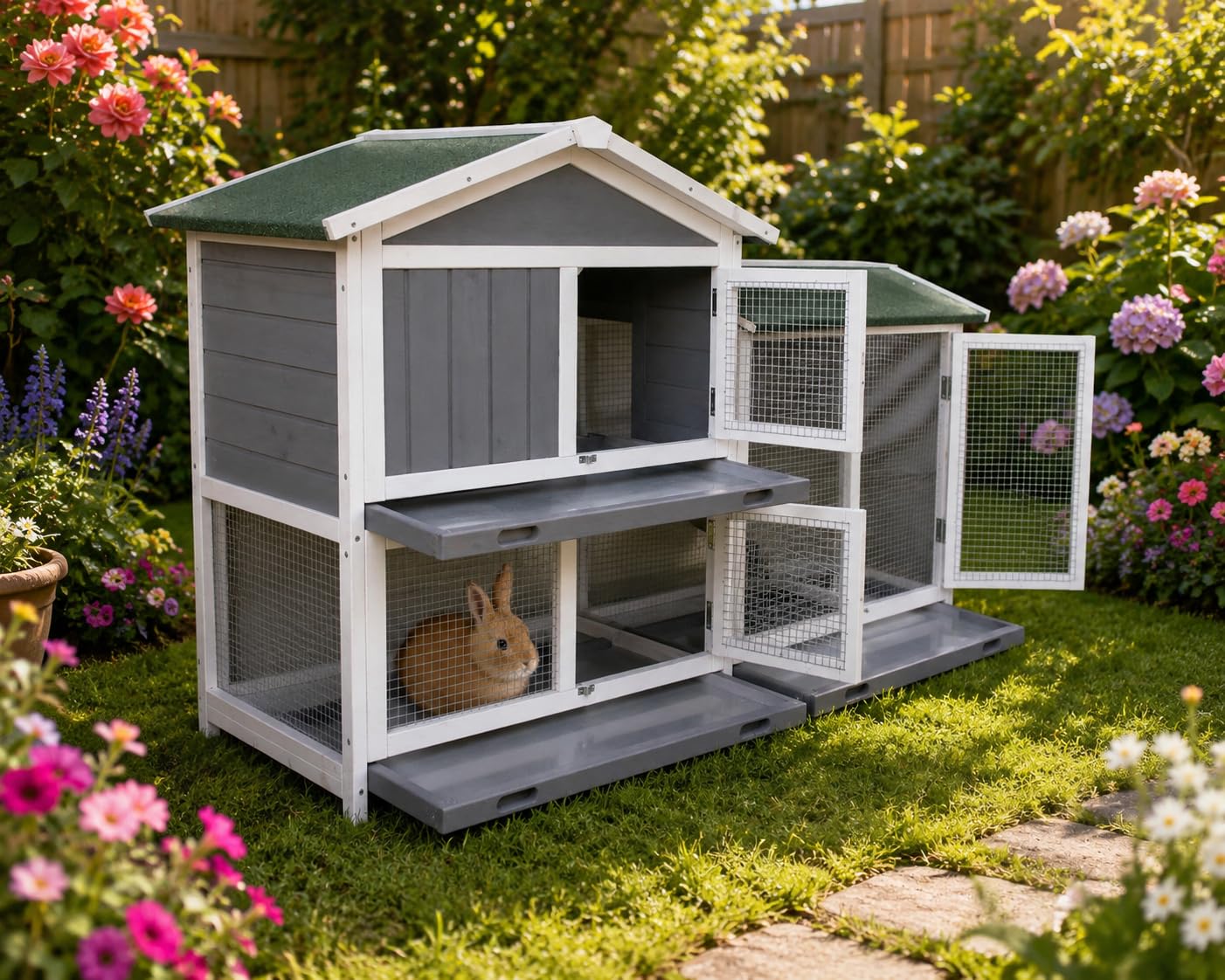 BUNNY BUSINESS The Grove Grey Double Decker Rabbit/Guinea Pig Hutch and Run EXTRA DEPTH WITH FLOOR (GREY GROVE, NO COVER)