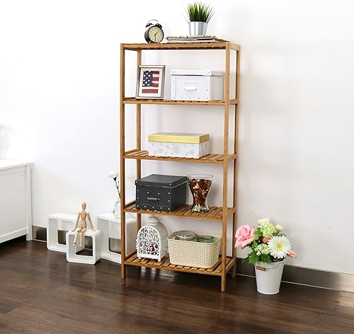 Miniatura 2 de Estante multifuncional de bambú para baño, cocina, sala de estar, soporte para plantas y flores, estante de almacenamiento (5 niveles)