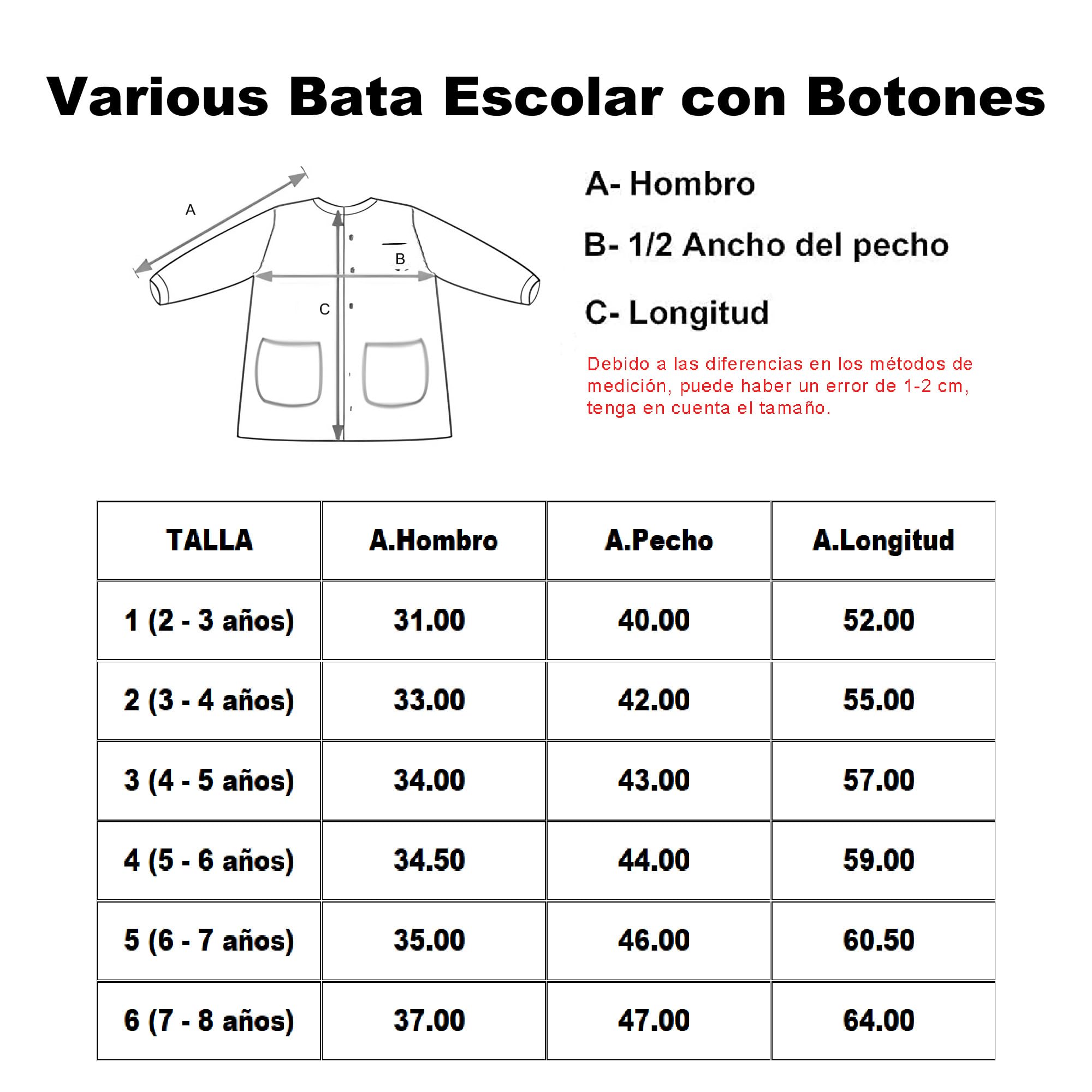 Babi Escolar Infantil de Cuadros | manga larga, botones de colores,para guardería, colegio, comedor y manualidades