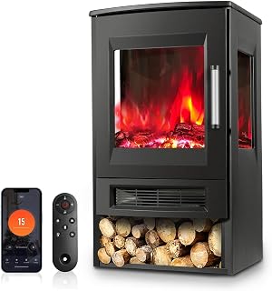Elektrokamin mit heizung, Elektrischer Kamin mit LED Flammenm,Kaminfeuer elektrisch mit WiFi Fernbedienung und Timer,Panorama-Sichtfenster,Einstellbarer Thermostat,Heizlüfter,900W/1800W