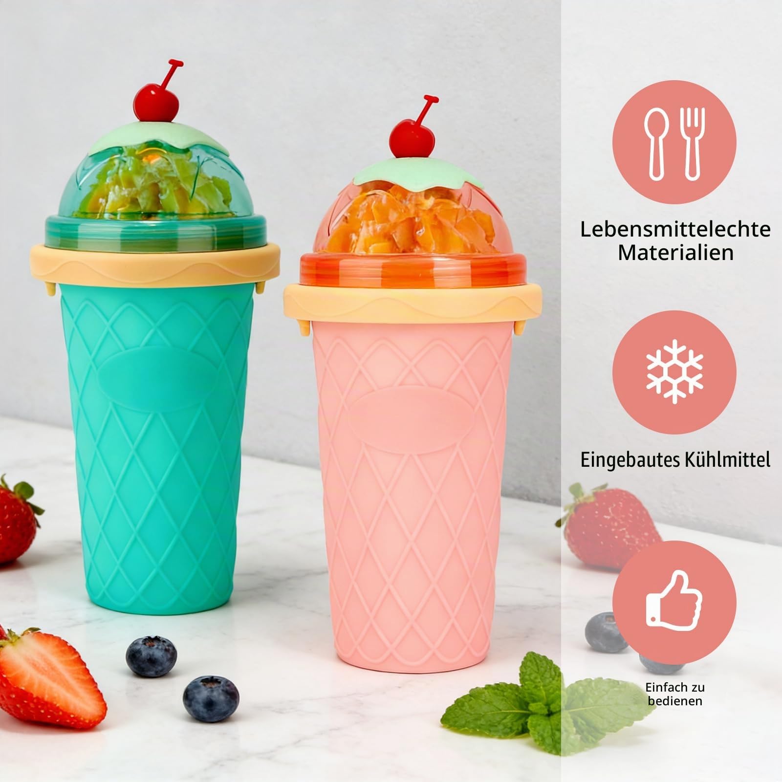 2-Teiliges Set Slush Becher, 2 In 1 Slush Maschine, Wiederverwendbar Slushie Maschine, Cups Verwendet FüR DIY Slushie Eis, Saft Silikon Squeeze Cup(GrüN+Rosa)