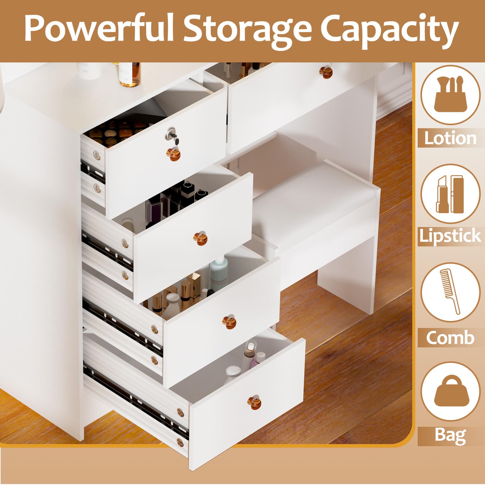 Buildonely Vanity Set with Mirror and Lights, Vanity Table with Stool, Lighted Mirror 10 Dimmable Bulbs, 6 Drawers, Makeup Vanity Desk for Girls, White Bedroom Dressing Table