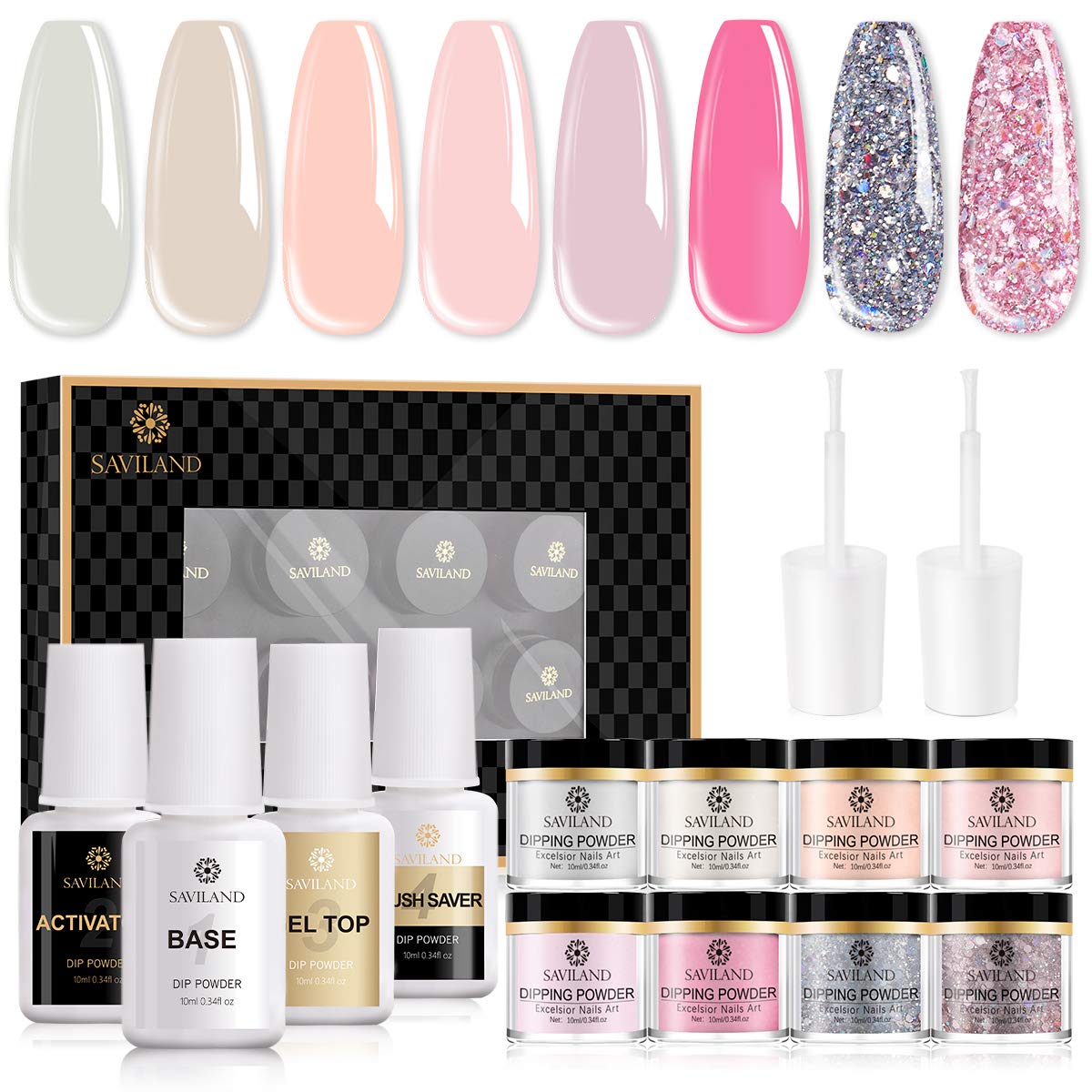 Saviland Dipping Powder Nail Kit, 8 Colors Glitter White Pink Dip Powder Set for Starter Manicure Nail Art with Base Top Coat Activator Brush Saver for French Nails No Nail Lamp Needed