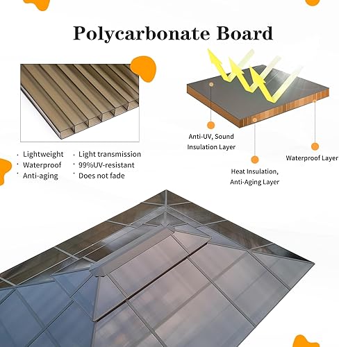 Miniatura 5 de YOLENY Cenador de techo rígido de 12 x 16 pies, toldo de techo doble de policarbonato para exteriores, marco de aluminio, pabellón permanente con