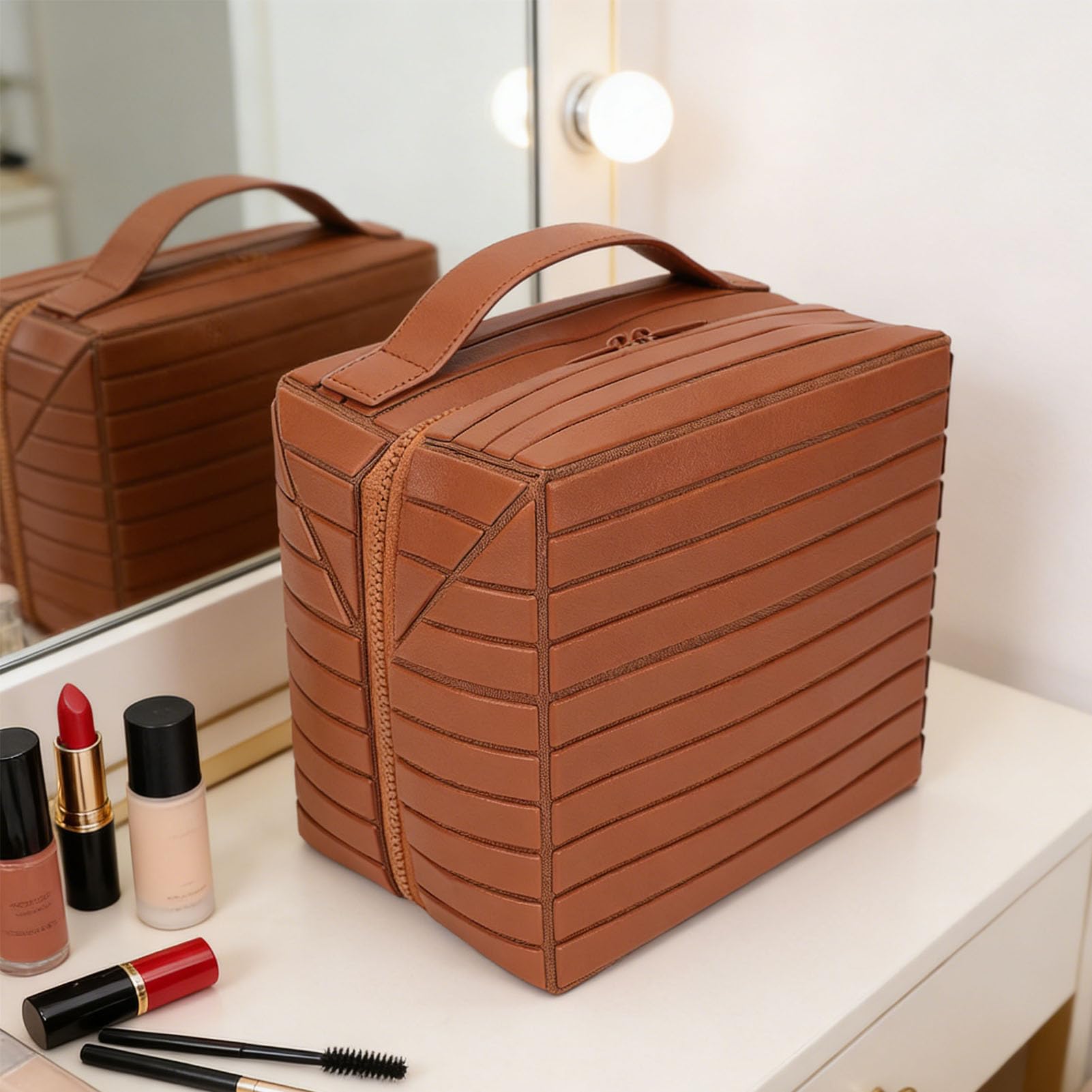 Bolsa de Maquillaje de Viaje, Bolsas de Cosméticos de Gran Capacidad para Mujeres, Bolsa de Aseo Plegable a Prueba de Agua, Diseño Abierto (Brown)