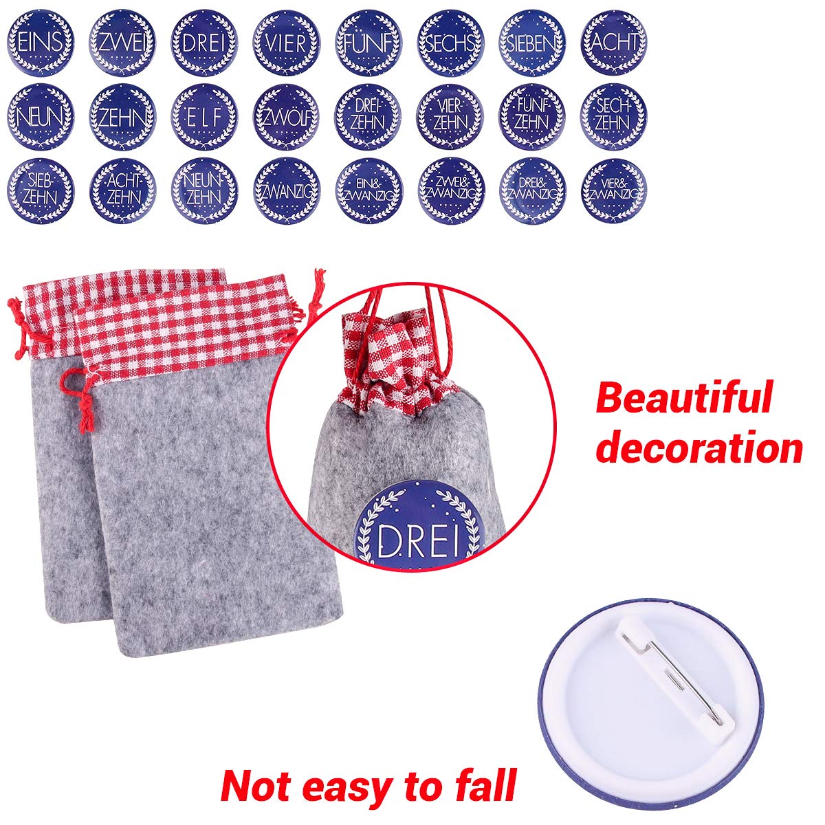 Calendario Dell'Avvento, Avvento Calendario Avvento da Riempire, 24pz Sacchetti Calendario, Sacchettini in Feltro con Badge Digitali, Coulisse Appese Sacchetti di Caramelle per Decorazioni Natalizie