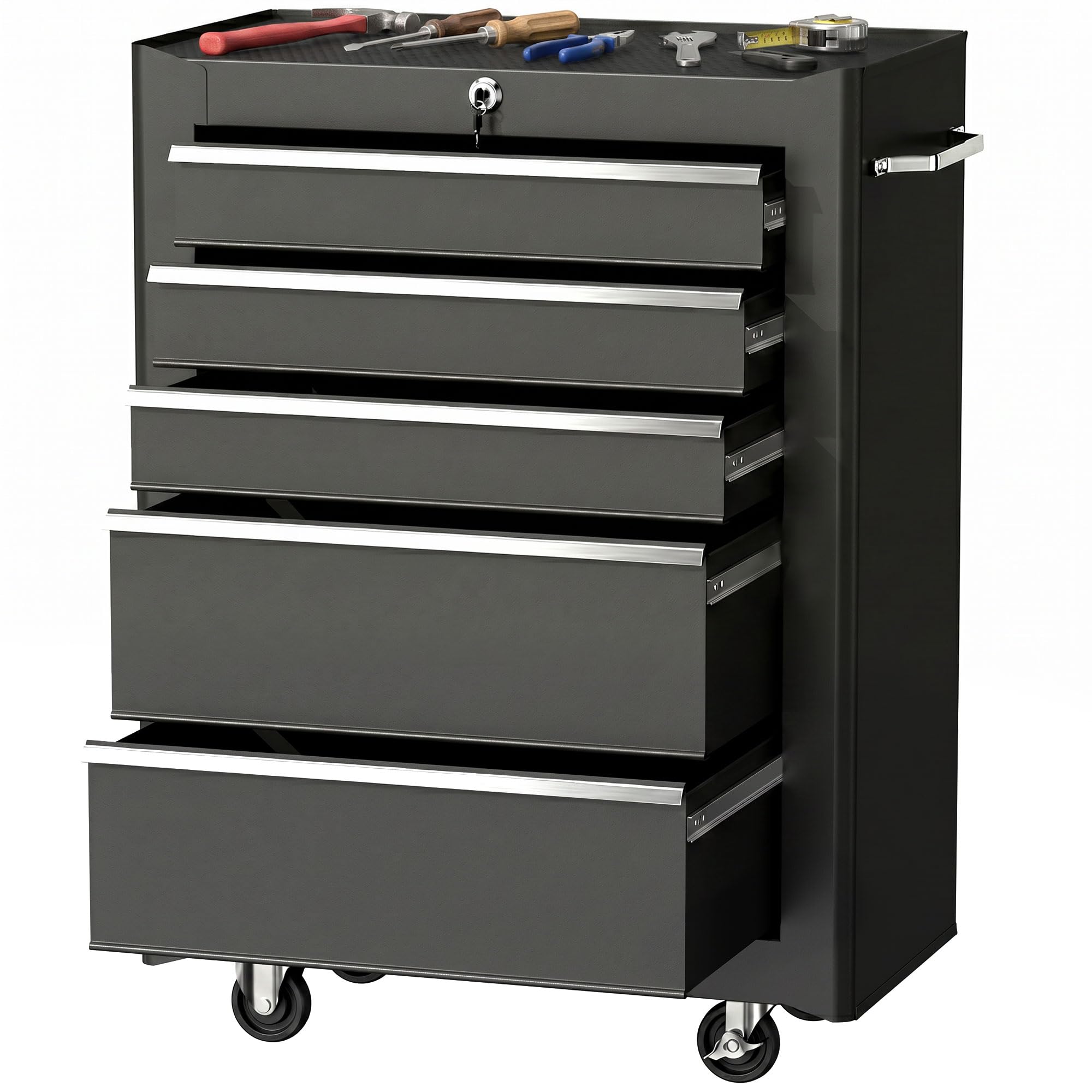 HOMCOM Servante d'Atelier Vide en Acier 5 Tiroirs sur Roulettes Noir | Chariot à Outils, Verrouillable 2 Clés, Tapis EVA Antidérapant, Caisse à Outils Pour Atelier, Garage