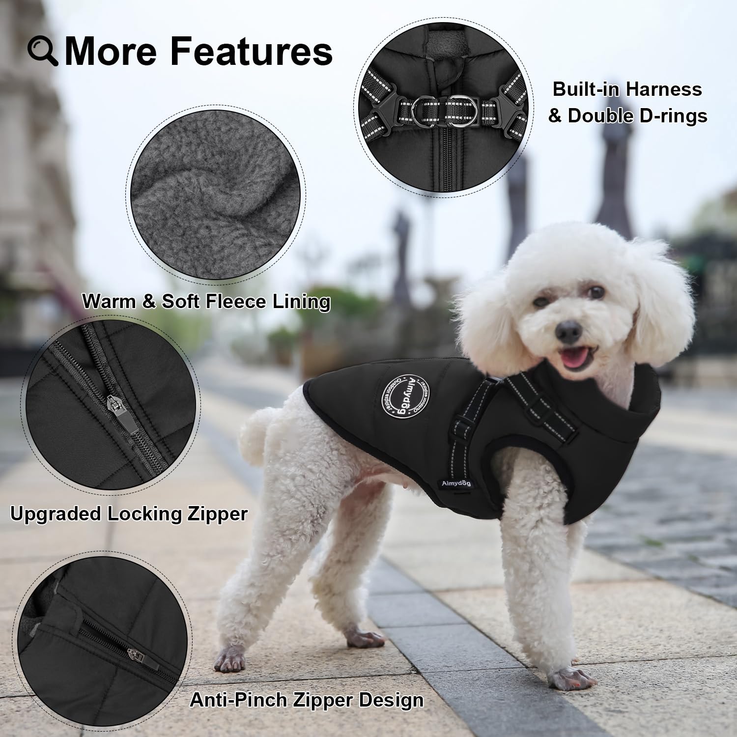 Abrigo de invierno cálido para perro, chaqueta resistente al viento, chaleco negro reflectante y ajustable para mascotas con arnés, forro polar grueso, ropa acogedora para perros y gatos