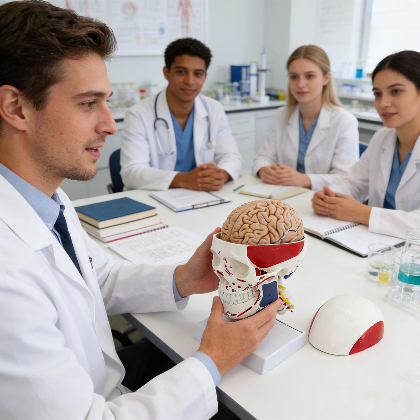 Cranio educativo in PVC con muscoli codificati a colori, ideale per studi scolastici, cranio con colonna vertebrale cervicale