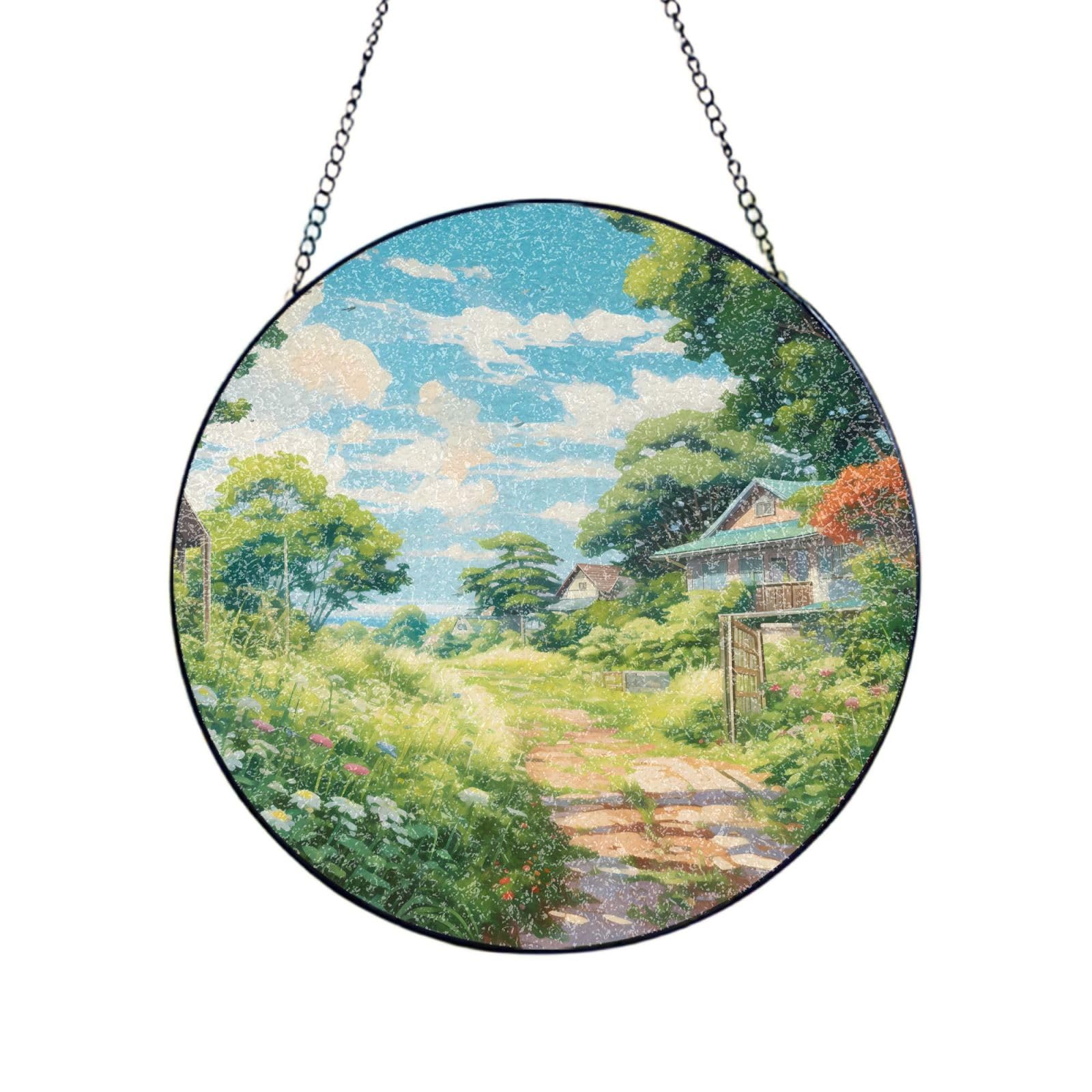 Poezjzw Stained Glass Window Hanging - Countryside Path Sun Catcher For Door Garden Home Decor Christmas Mother'S Day Birthday Gifts 10in（25cm）