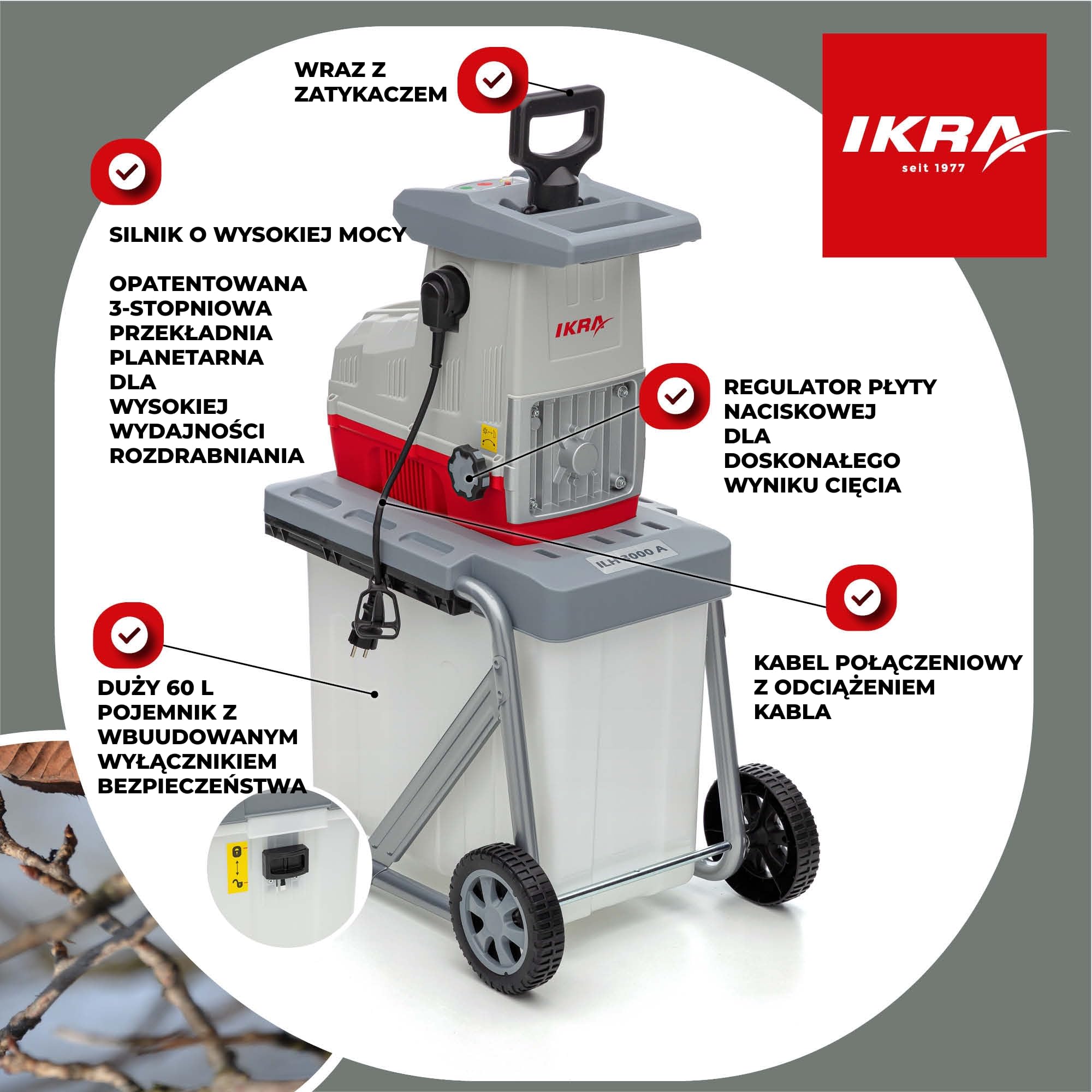 IKRA Rozdrabniacz do gałęzi walcowy elektryczny ILH 3000A, okulary ochronne | Silnik dużej mocy 3000W, cichy, solidny i łatwy w utrzymaniu, automatyczny wciąg gałęzi, bieg wsteczny, tnie gałęzie do 44 mm