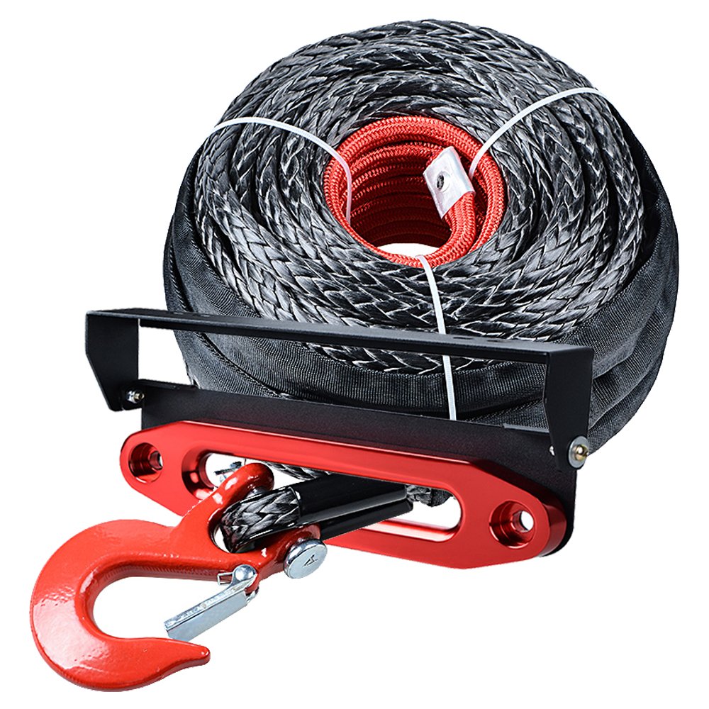 amopacorp Set 92 feet 1/2 inch Recovery Synthetic Winch Rope with RED Hook and 10 inch Anodized Red CNC Machine Aluminum Hawse Fairlead with 254mm Flip-Up License Plate Holder Kit