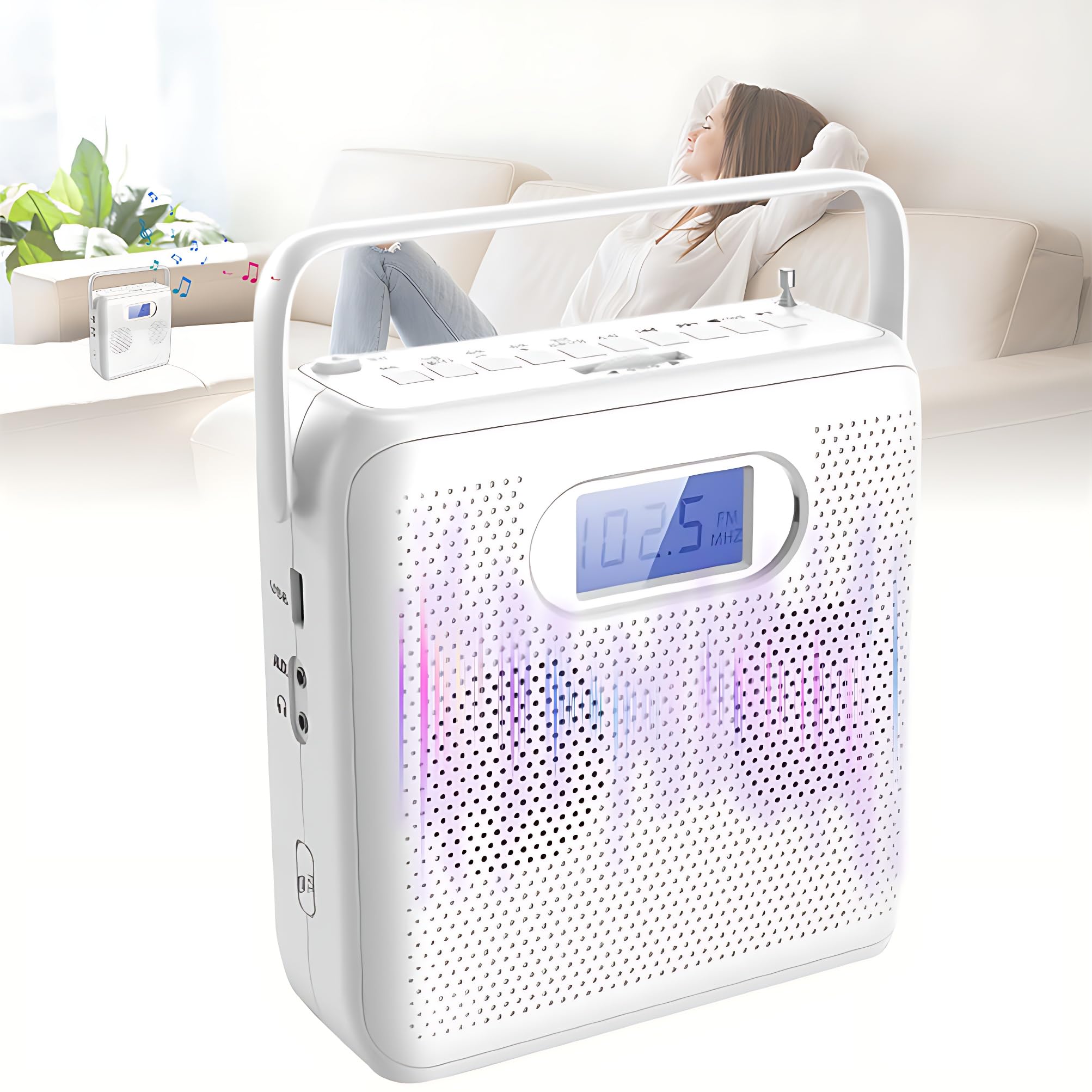 Lecteur CD de salon avec poignée et radio FM pour écouter partout