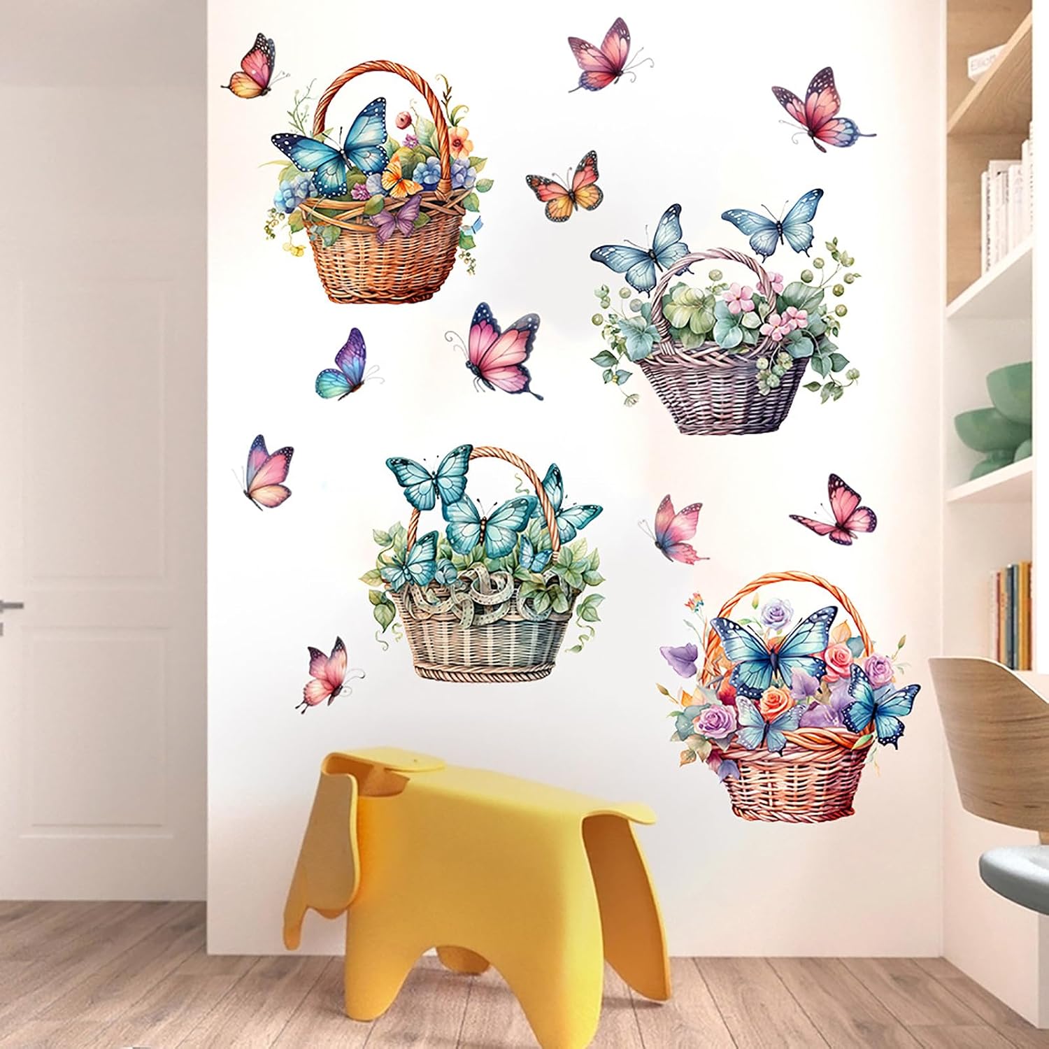 Flower Basket Butterfly Wall Stickers Bedroom Bathroom Restroom Cistern Nursery Decor DIY Removable Bouquet Toilet Seat Lid Decals 4 Pcs (Green)