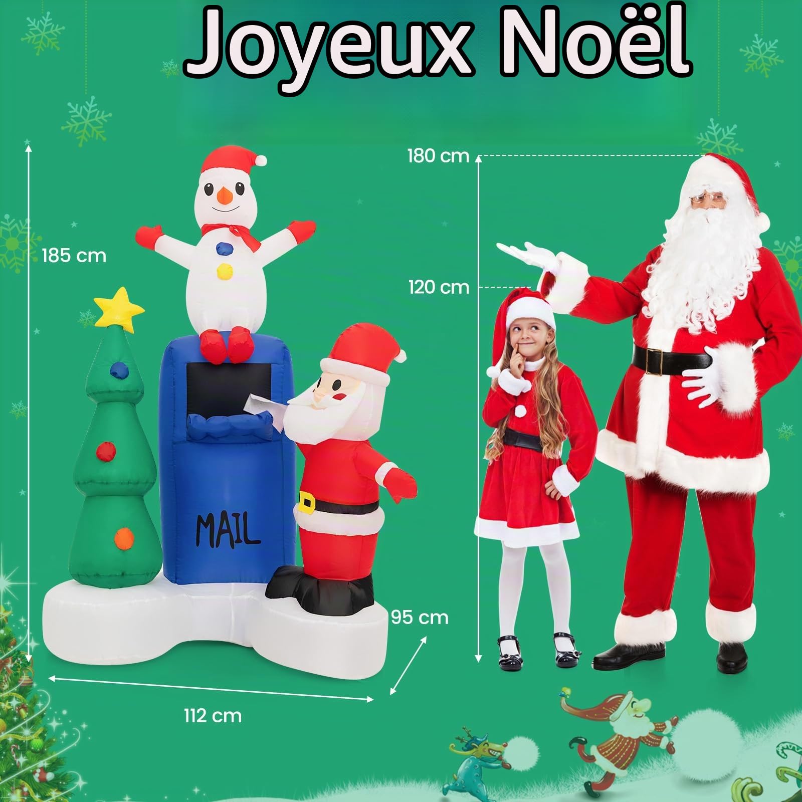 COSTWAY Décoration Gonflable de Noël 185cm avec Lumières LED | Décoration Père Noël Boîte aux Lettres et Bonhomme de Neige avec Sac de Sable pour Fêtes Intérieur/Extérieur