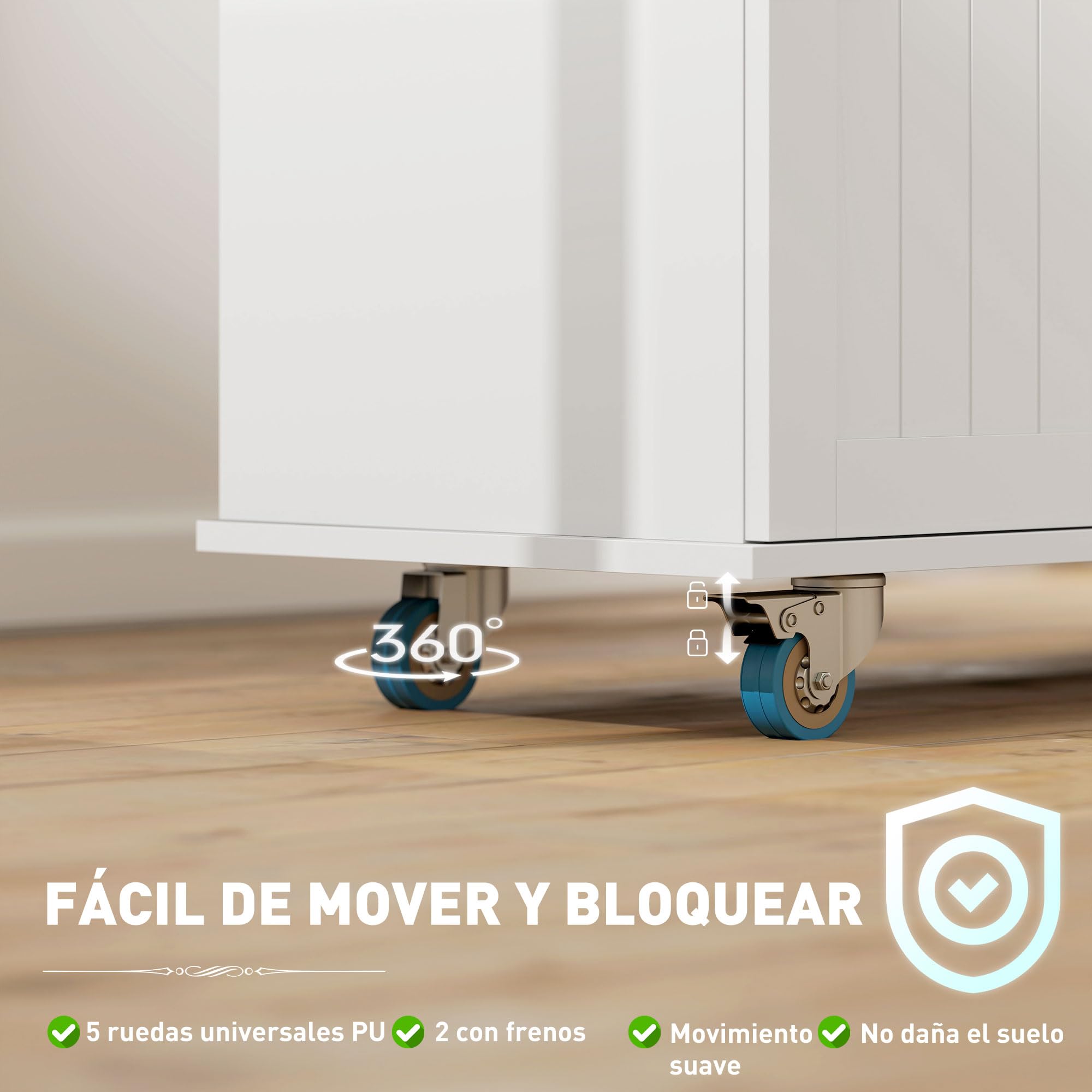 HOMCOM Isla de Cocina con Ruedas y Toma USB, Tablero Plegable, Blanco | Carro de Cocina, 2 Cajones, 2 Puertas, Estante Ajustable, Especiero, Toallero, 119,5x74x94,5 cm