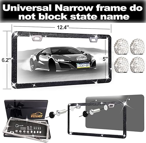 Miniatura 6 de WEDAMER Marco de matrícula para mujer (2 unidades, caja de regalo) marco de placa de matrícula brillante de diamantes brillantes, marco de placa de