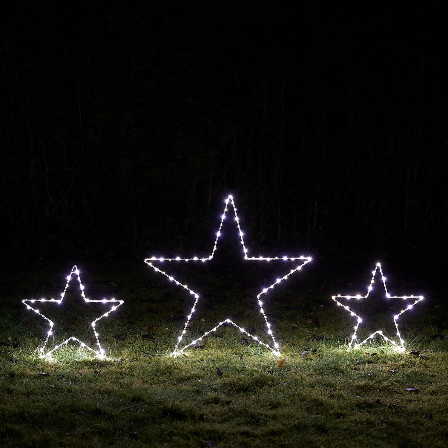 Lights4fun 3er Set Dual LED Stern Silhouetten mit Timer warmweiß Strombetrieben Weihnachtsdeko Außen