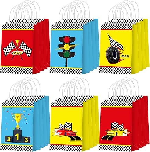 Outus 24 bolsas de fiesta de coches de carreras, suministros de fiesta de coches de carreras, bolsas de regalo con asas para bandera a cuadros,