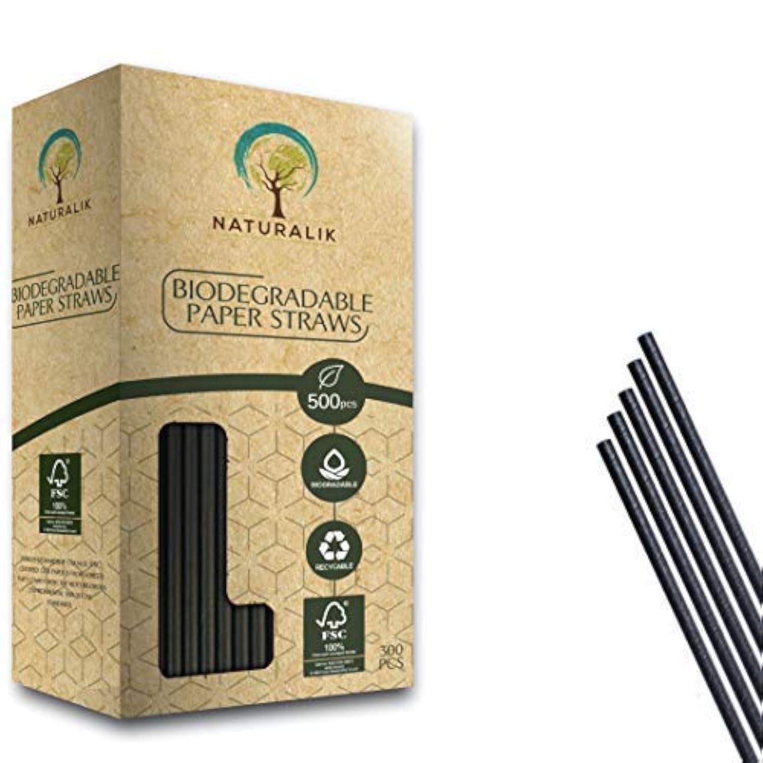 Naturalik 500pc Black Biodegradable Cocktail Paper Straws 5.75” Heavy Duty Premium Eco-Friendly Sip Stirrer Paper Straws Bulk- Drinking Straws for cocktail