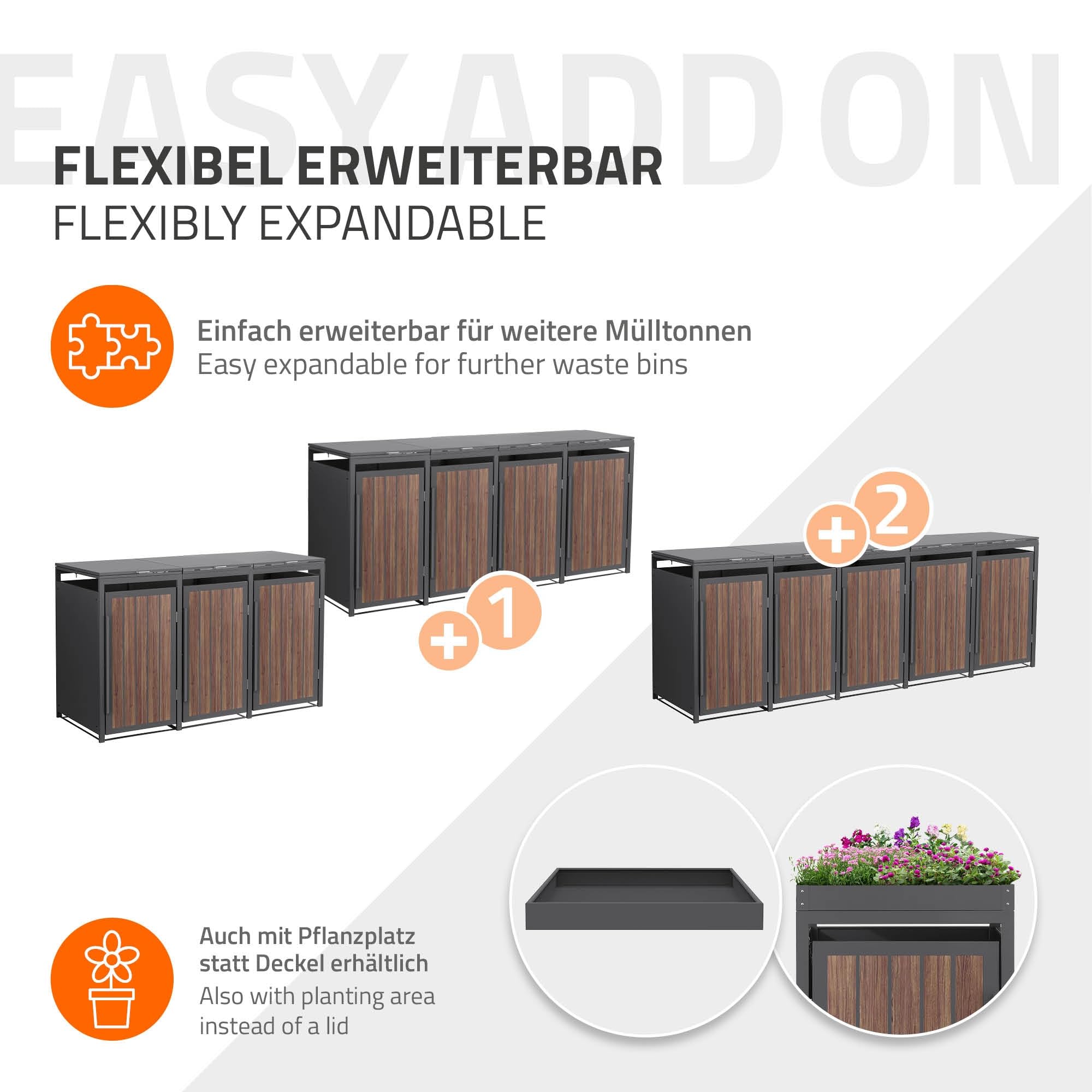 ML-Design Mülltonnenbox 3er 240L, Mülltonnenverkleidung für 3 Mülltonnen, Müllbox wetterfest, Mülltonnenhaus aus Stahl, Müllcontainer mit Klappdeckel & Tür, Gerätebox 196x80x120 cm Anthrazit-Holzoptik
