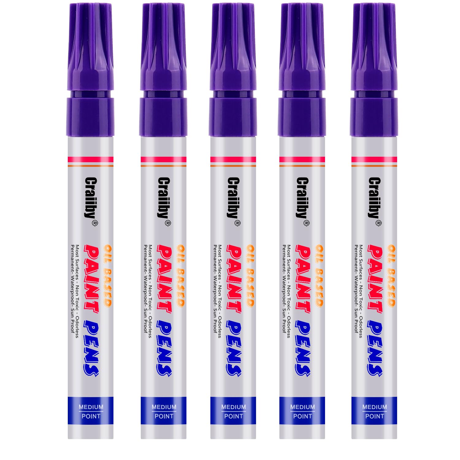 Purple Paint Markers, 5 Pack Oil-Based Waterproof Quick Dry Permanent Paint Pen Set for Rocks Painting, Wood, Fabric, Plastic, Canvas, Glass, Mugs,