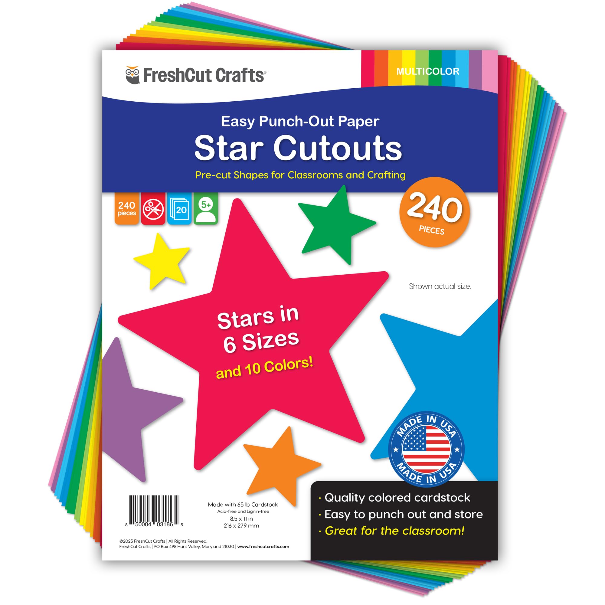 240 Pieces Star Cutouts, 2-Sided US Made Card Stock Punch Out Multicolor Stars for Bulletin Boards, Classroom Decor, Back to School DIY Craft Projects, Party Decoration, Hollywood Themed Events