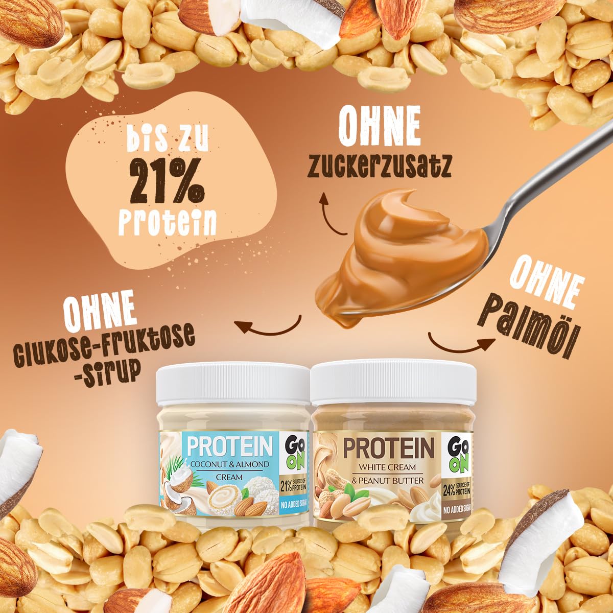 GO ON - Protein Creme Kokos-Mandel, 6x180g, 21% Protein Aufstrich, Zuckerfrei, Kokoscreme Aufstrich, Fitness Lebensmittel, Ohne Palmöl