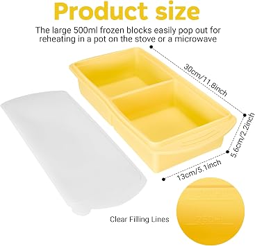 Defresit 2 Pack Silicone Freezer Tray With Lid-Soup Freezer Container molds for Freezing, Meal Prep Soup Storage Containers, Ice Cube Tray for Sauce, 2-Compartment Freezer Container,Yellow
