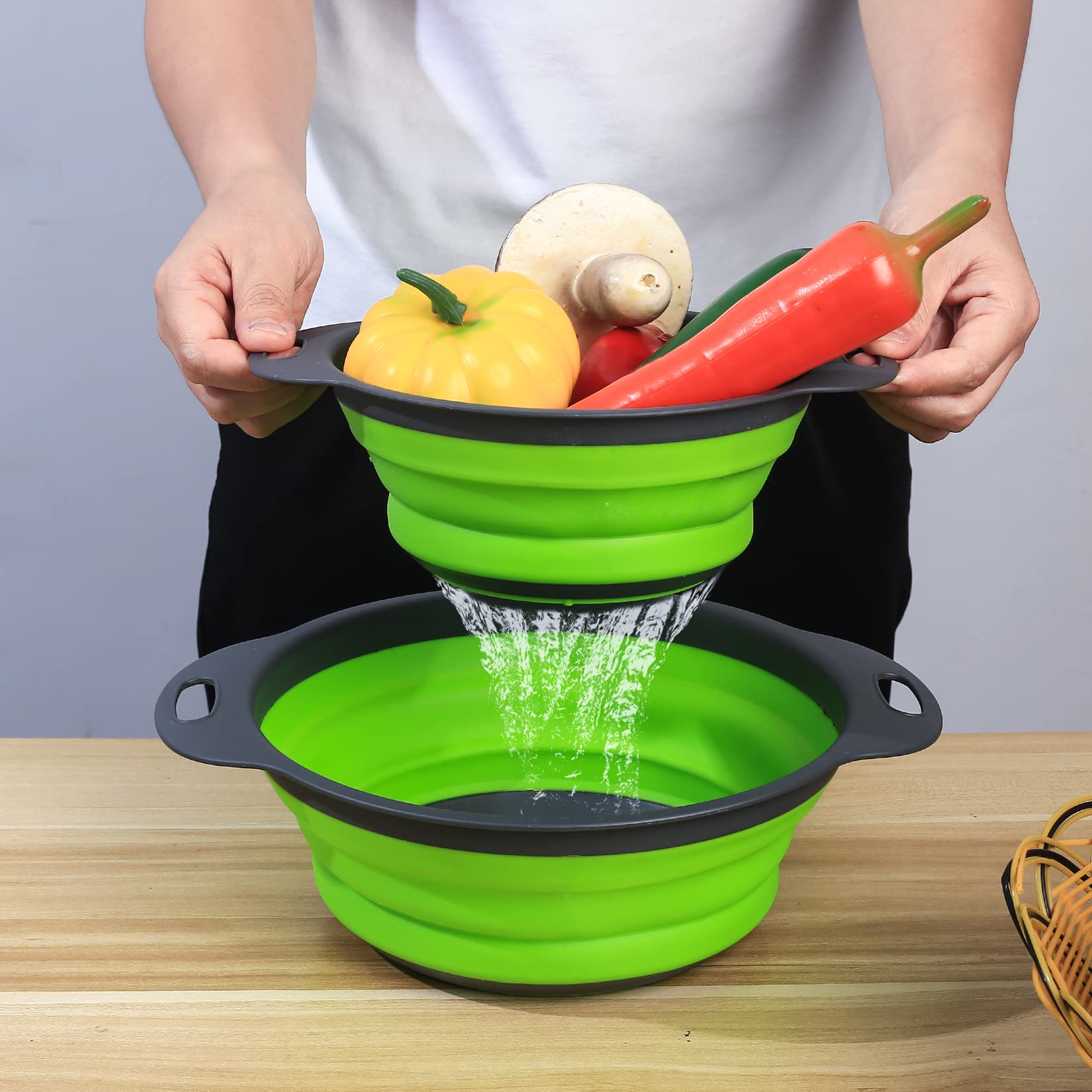 3 Piezas Coladores de Silicona Plegable, Cesta de Drenaje, Coladores de Alimentos, Coladores de Cocina Plegable con Asa para Escurrir Frutas y Verduras Pasta - Verde