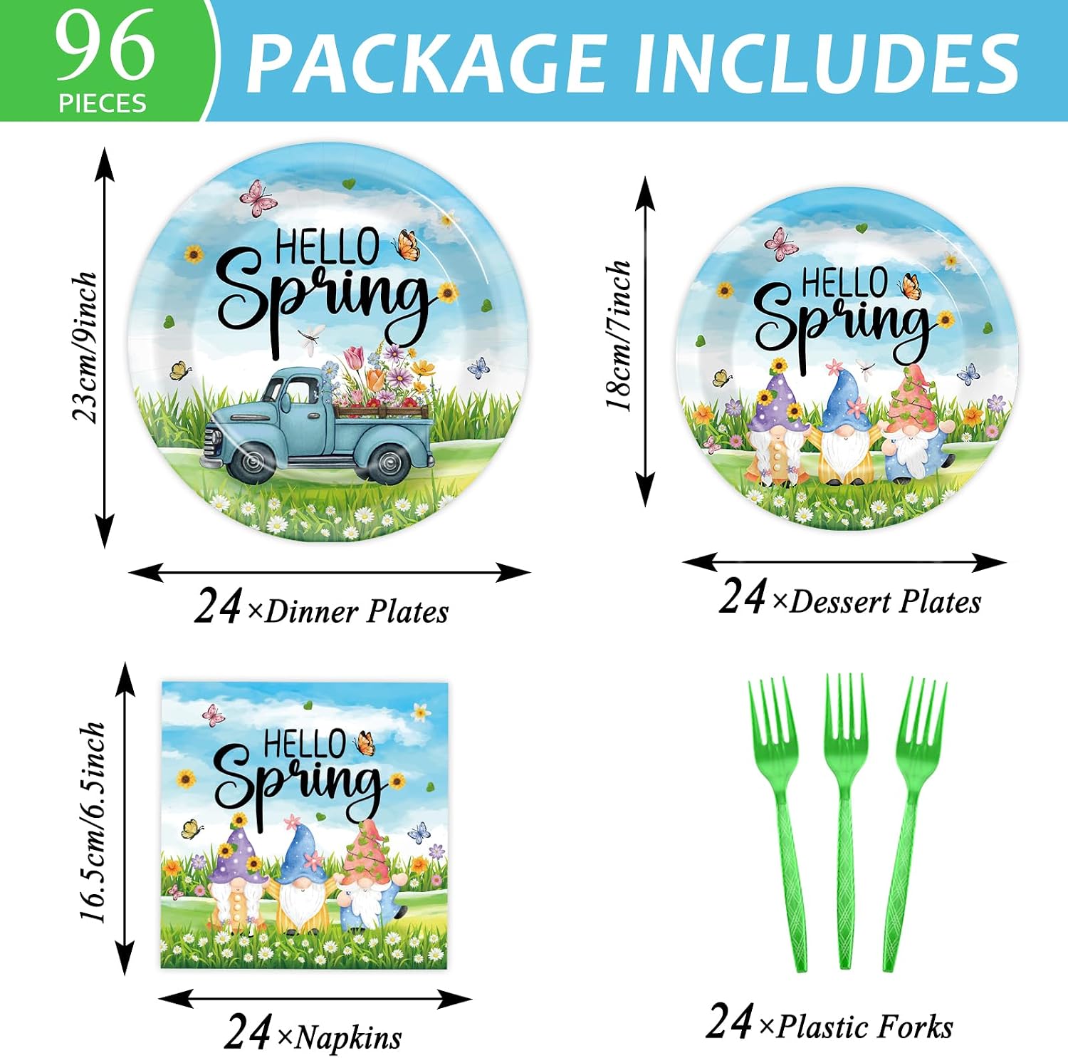 96pcs Spring Party Plates and Napkins, Hello Spring Party Decorations for Girl Flower Butterfly Party Dessert Plates, Baby Shower Kids Easter Gnome Truck Birthday Tableware Decor, Serve 24