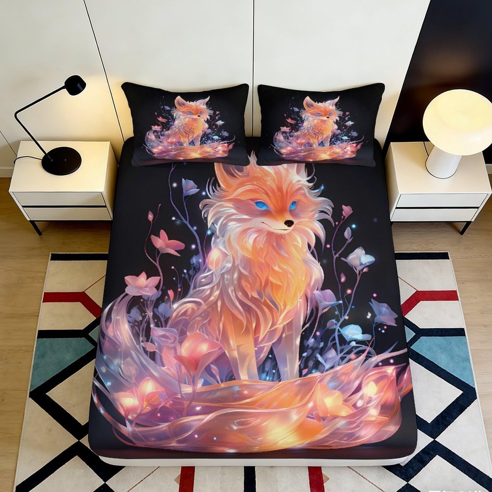 3D Printed Fantasy Fox Fitted Sheet Microfiber Soft Black Orange Forest Mattress Cover Bedroom Decor 90x200x25cm