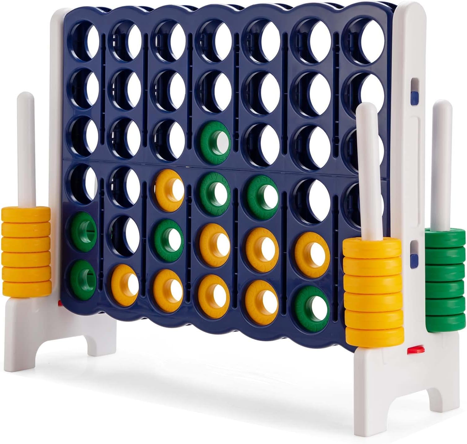KOTEK Giant 4-in-a-Row Game, 3.5 Feet Tall Jumbo 4-to-Score Family Fun Game w/Quick-Release Sliders & 42 Large Rings, Oversized Connect Plastic Yard Game Outdoor for Kids & Adults (Dark Blue+White)