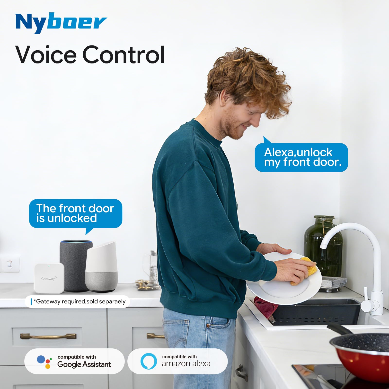 Passerelle Wi-Fi contrôle à distance Smart Empreinte digitale Serrure de porte avec application TT Lock, passerelle Smart Hub compatible avec Alexa Voice Control Assemblages Nyboer