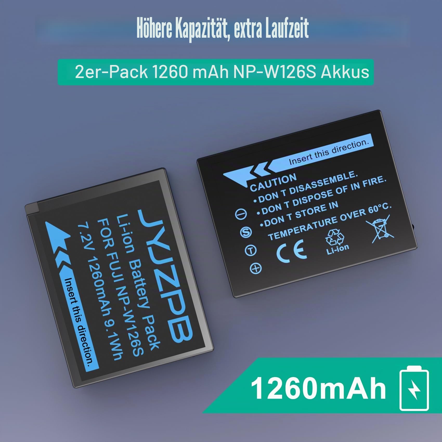 JYJZPB 2 x NP-W126S NP-W126 Ersatz Akku mit Ladegerät für Fujifilm Kamera X100V X100VI X-T50 X-M5 Fuji X-T20 X-T10 X-T30 X-T100 X-T200 X-T3 X-T2 X-T1 X-A5 X-A10 X-A7 Akku Pack