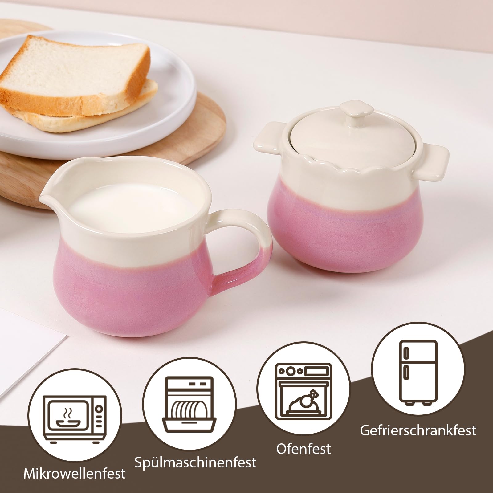 Juego de azúcar y leche de porcelana, azucarero rosa con tapa y jarra de leche, elegante recipiente de cerámica para leche y azucarero, juego de tazas de café y azúcar, ideal para el hogar