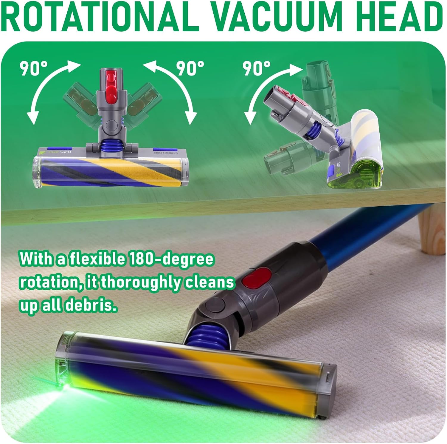 V15 Fluffy Optic Cleaner Head Replacement for Dyson V8 V10 V11 V15 Cordless Vacuum Cleaners, Soft Roller Head with LED Green Light, Suitable for Thin Carpets, Hardwood & Tile Floors