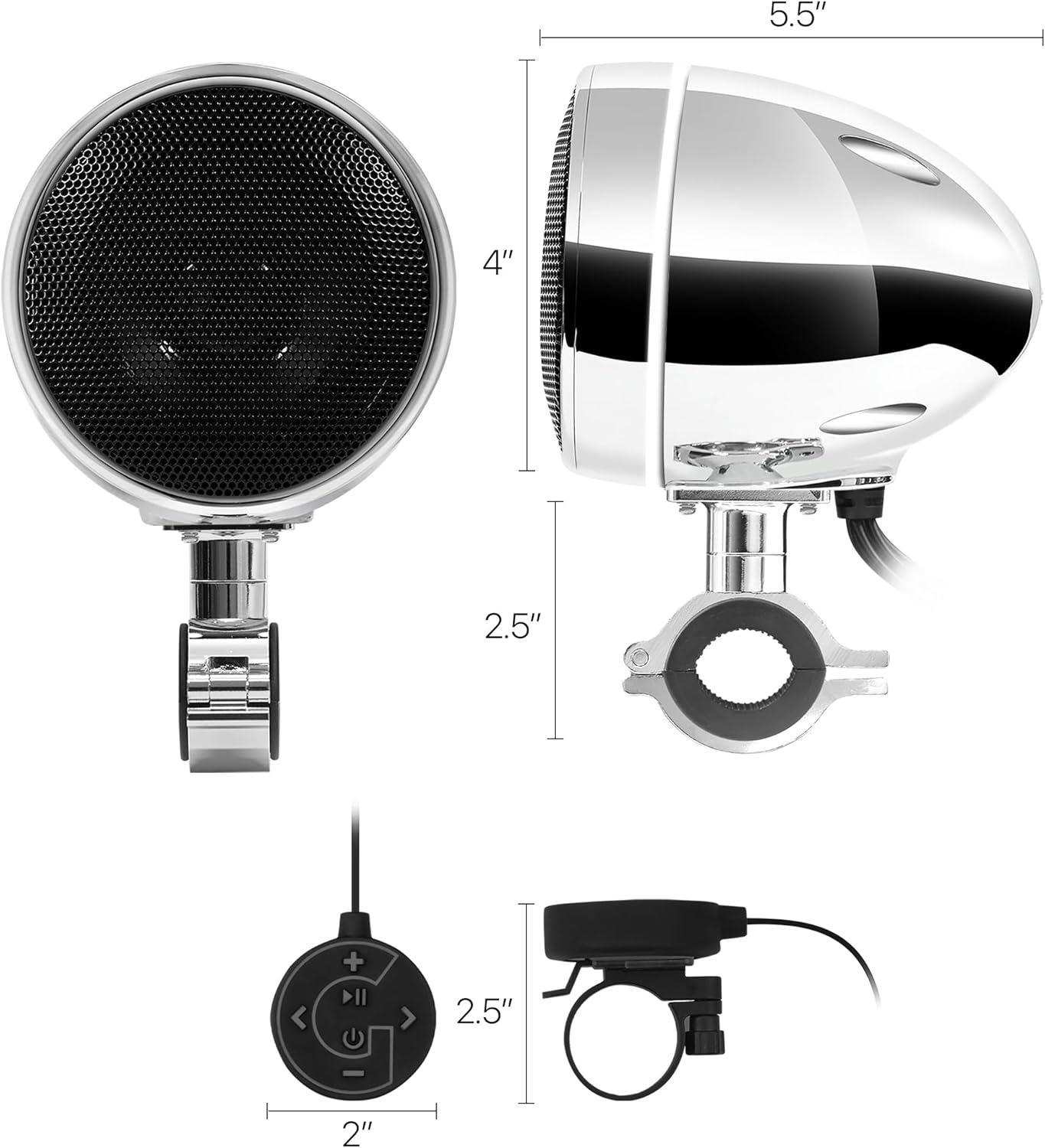 GoHawk Motorcycle Bluetooth Speakers with LED Ring, 4" Waterproof Motorcycle Stereo System, Built-in Amplifier Audio Music Player w/USB AUX for Harley ATV Scooter 4-Wheeler, AN4-Halo Chrome