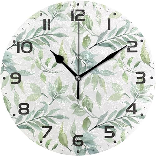 ZOEO Relojes de pared grandes, planta de hoja verde, funciona con pilas, sin tictac, reloj de 10 pulgadas, arte silencioso, dormitorio, cocina,
