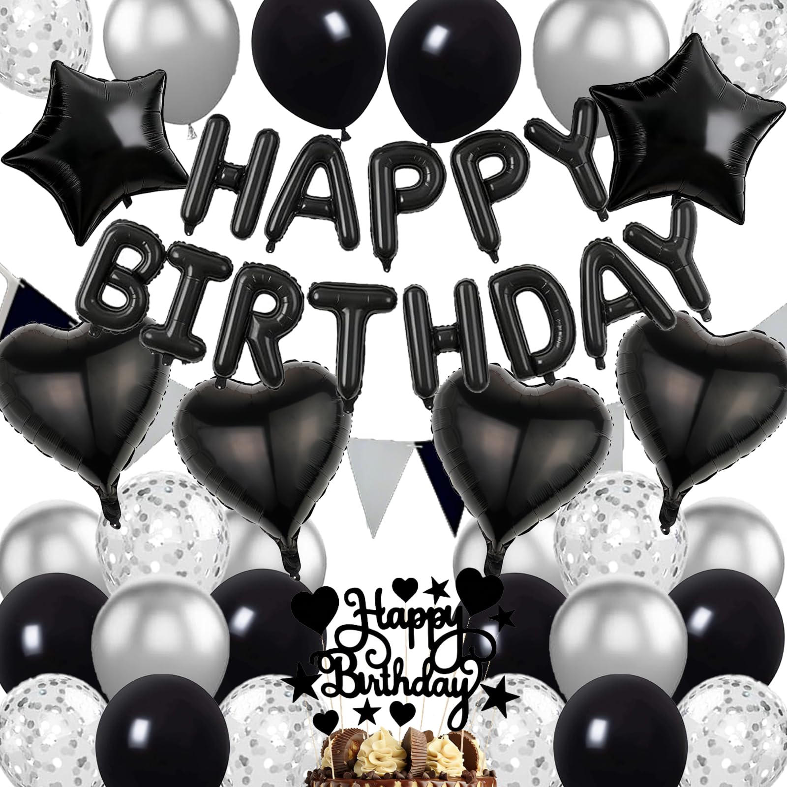 Birthday Party Decoration Supplies, Black Balloon Kit - 45 Pack Featuring Star & Heart Foil Balloons, Latex Confetti Balloons for Women men kids Birthday Party — image 1