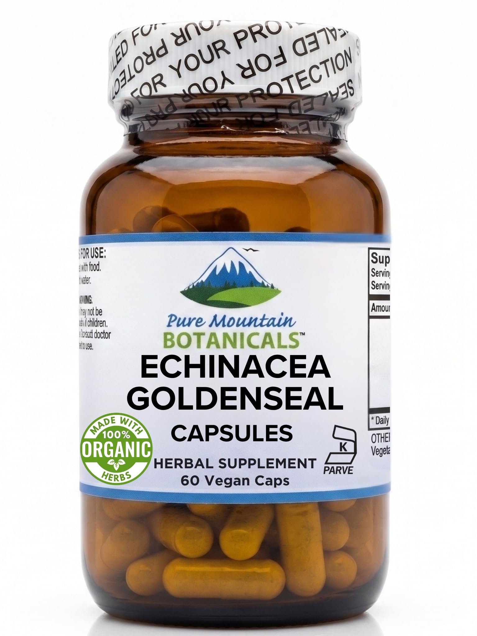 Pure Mountain Botanicals Echinacea Goldenseal Capsules - 450mg Organic Echinacea and Goldenseal Root Complex - 90 Kosher Vegan Caps - Herbal Immune Support Supplement