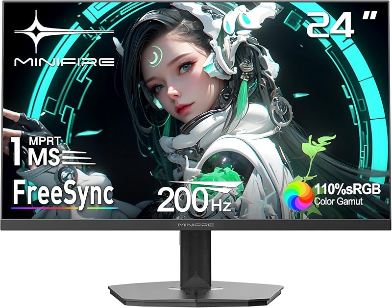 Minifire Écran Gaming 24 Pouces, 200Hz, 1ms, FreeSync, Full HD (1920x1080), Écran sans Bordure, Inclinaison Réglable, 300 Nits, sRGB 110%, HDMI 2.0 & DP 1.4 - (MFG24F4H)