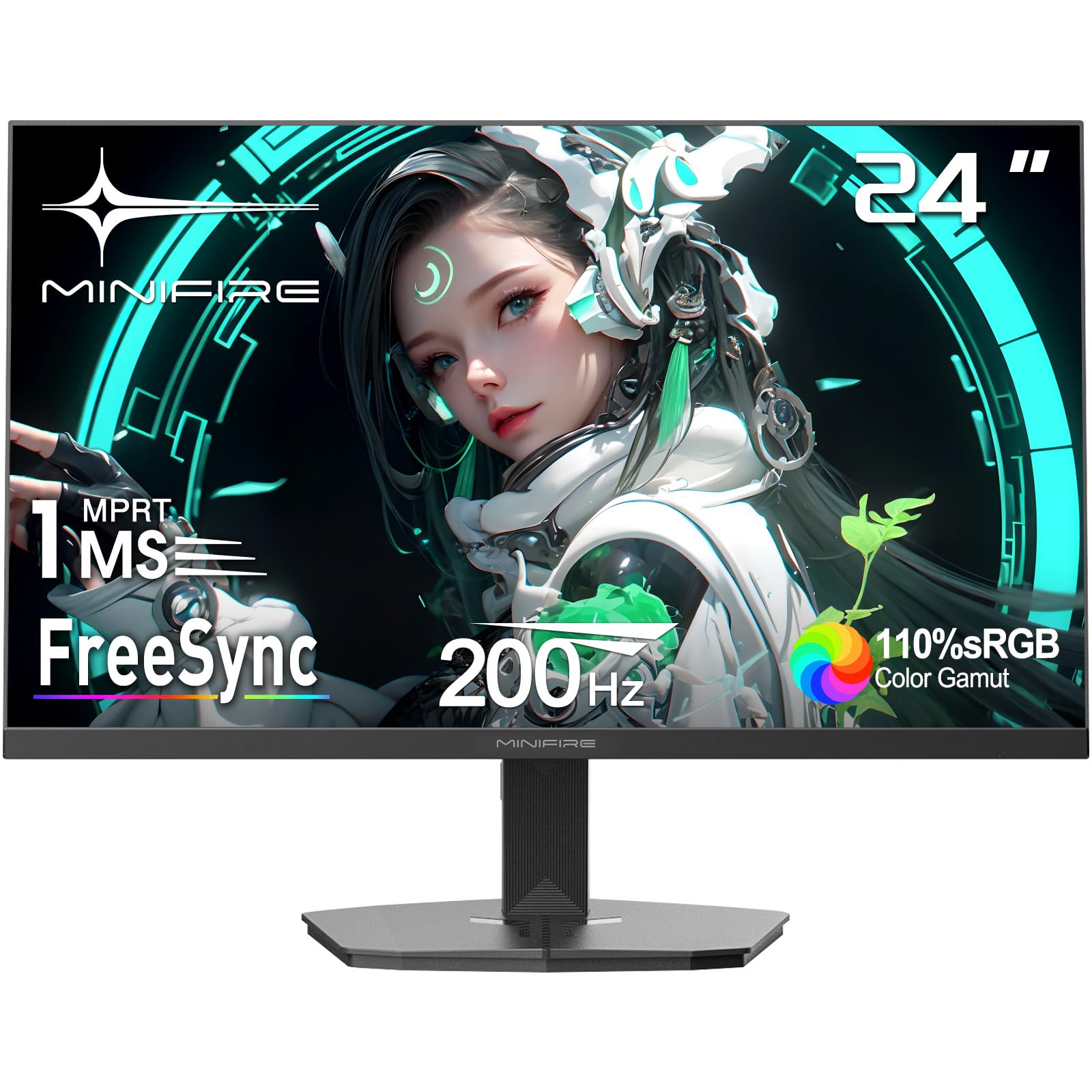Minifire Gaming Monitor 24 Zoll, 200 Hz, 1ms, FreeSync, Full HD(1920 x 1080), Rahmenlos Bildschirm, Einstellbar, 300Nits, sRGB 110%, HDMI 2.0&DP 1.4-(MFG24F4H)