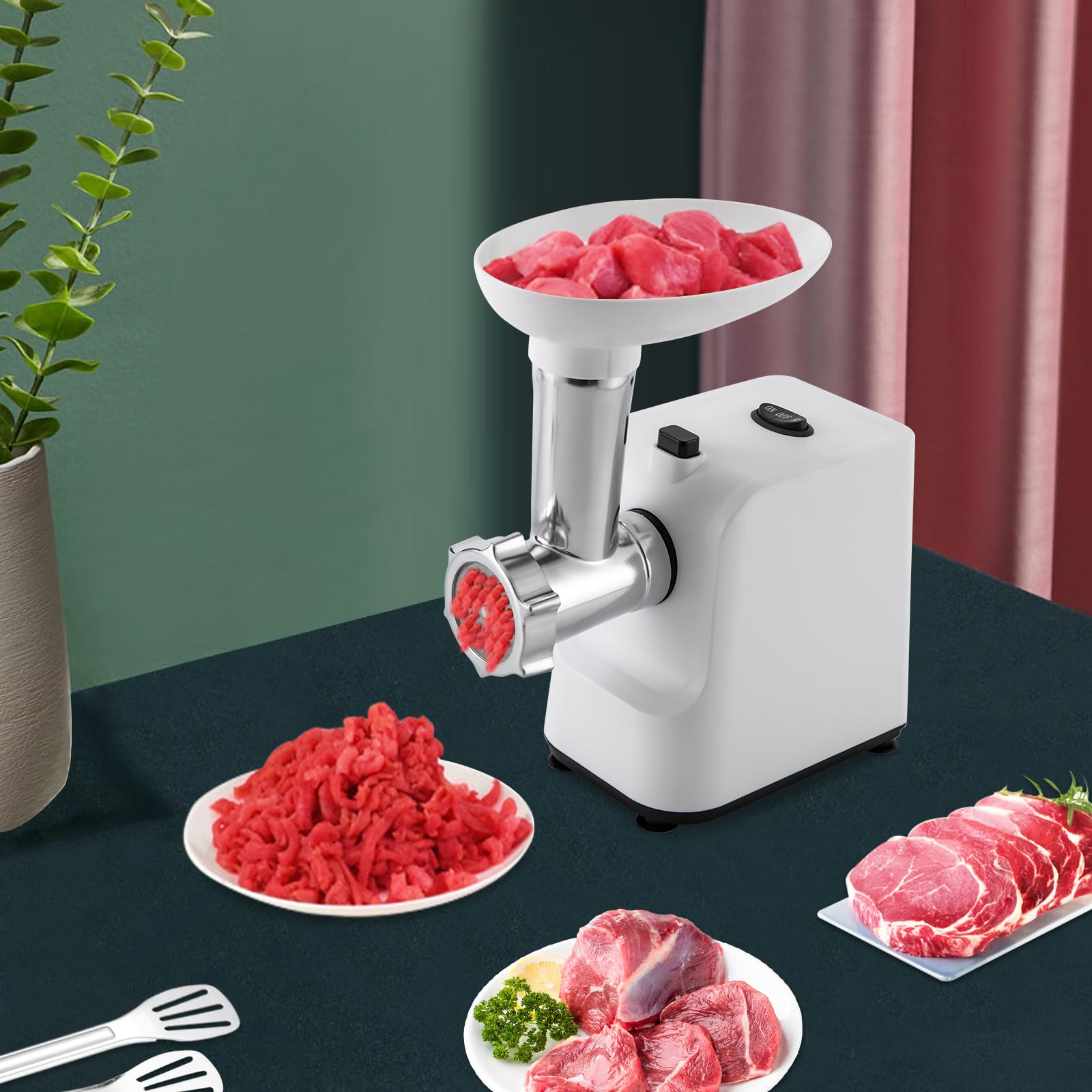 Picadora de carne eléctrica de 1000 W con relleno de salchichas y 3 discos perforados de acero inoxidable para cocina (blanco)