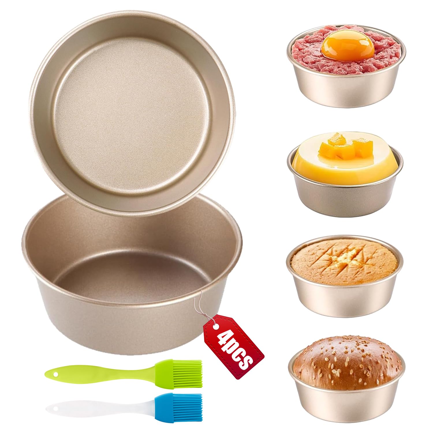 chenyu4Pcs Ramekins for Air Fryer With 2oil Brush Air Fryer Egg Moulds 4.53" Mini Cake Tin Non Stick Moulds Reusable Air Fryer Egg Poacher Kitchen Cooking Tool for Burgers, Desserts, Cakes